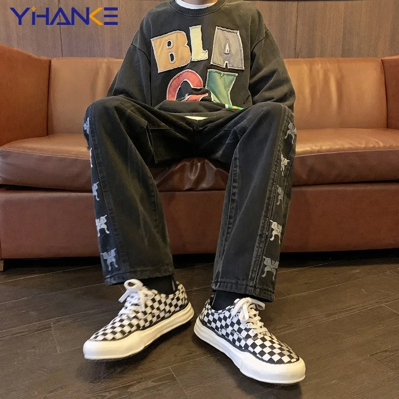 Men Black Jeans Harajuku Butterfly Embroidery Hip Hop High Street Loose Straight Leg Daddy Pants Man Trousers S-3XL Black Jeans