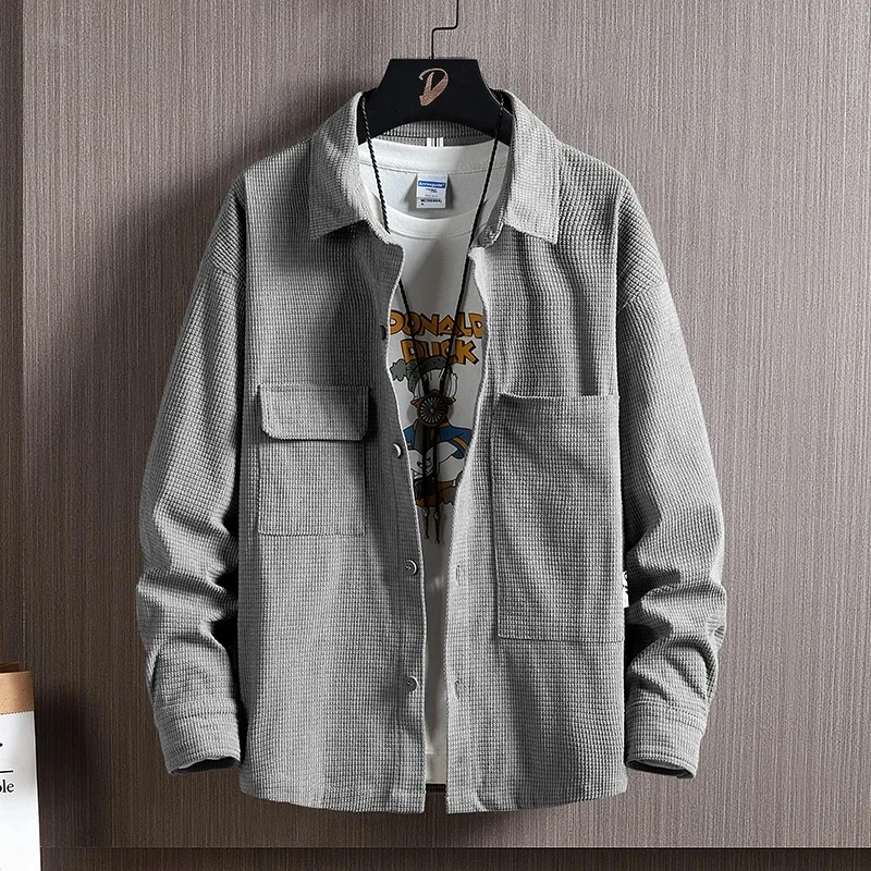 

Brand 2022 Spring Autumn Long Sleeves New Flannel Collar Korea Style Grey Shirt For Men's Plaid Harajuku Clothing