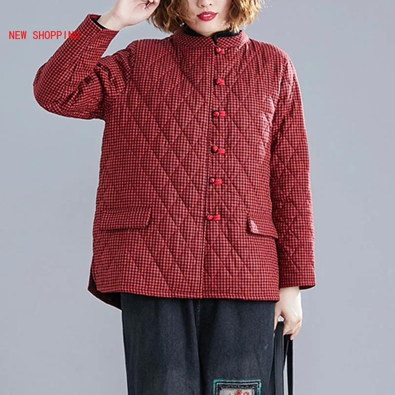 Autumn Winter Women Casual Warm Thicken Cotton Coats New 2022 Vintage Plaid Loose Long Sleeve Short Jackets Parkas Plus Size 5XL