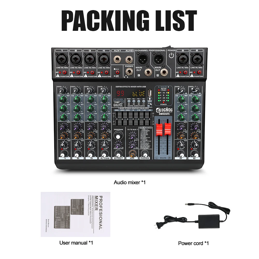 Dgног 6-канальный аудио микшер смешивание DJ консоль USB Bluetooth с 48V фантомным питанием