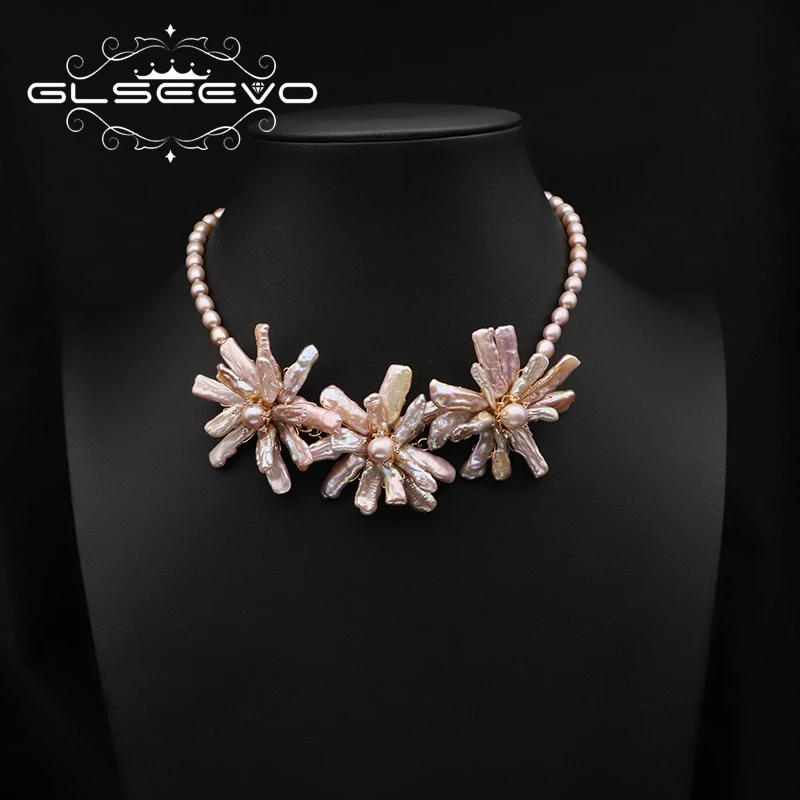 

GLSEEVO Natural Freshwater Square Pink Baroque Pearls Luxury High Quality Women's Jewelry Trend Vintage Romantic Jewelry