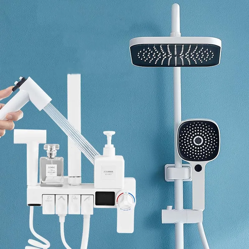 

Bathroom Full Copper Shower Set Home Bathroom White Thermostat Digital Display Shower Shower Head Set