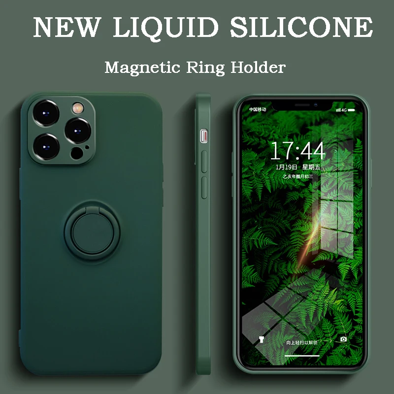 

For iPhone 13 Pro Max 11 12 Pro XR X XS 7 8 Plus SE 2020 Mini Case Cover Liquid Silicone With Magnetic Ring Holder Coque Capa