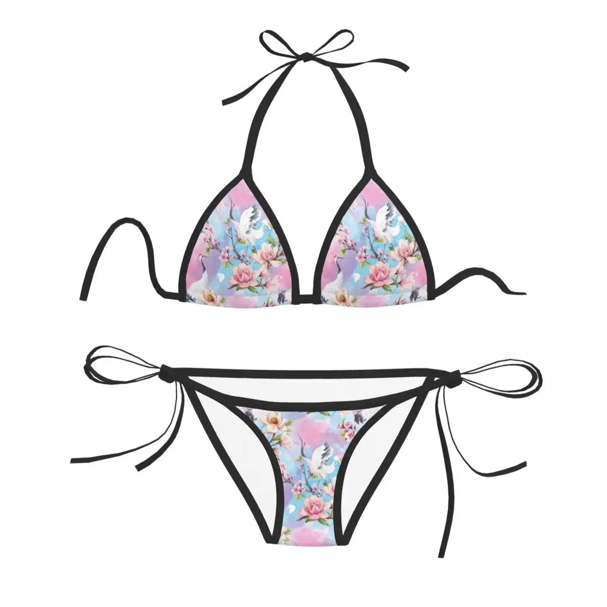 

Woman Swimsuit Sexy Bikini Swimwear Bikini Set Bathing Suit Watercolor Cherry Blossoms Magnolia Flowers And Bird Two Piece Suit