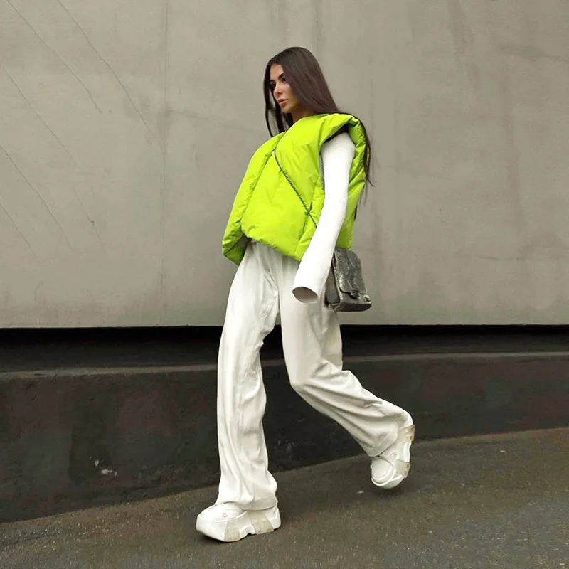 Ardm Casual V-Neck Silver Green Cotton Vest Winter Coat Women 2022 Streetwear Sleeveless Warm Parkas Quilted Jacket Tops