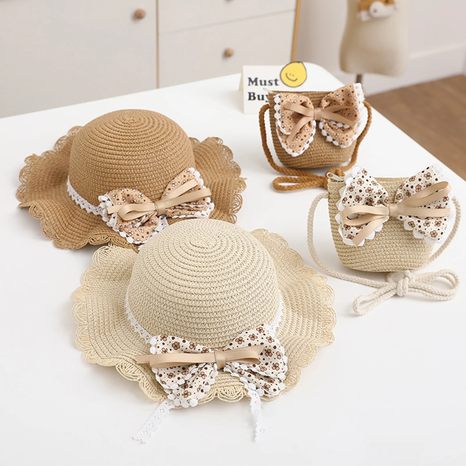 

2-7Y Kids Girl Bowler Straw Hat Summer Wide Brim Bowknot Beach Sun Caps Shoulder Bag for Toddler Seaside Travel Outdoor
