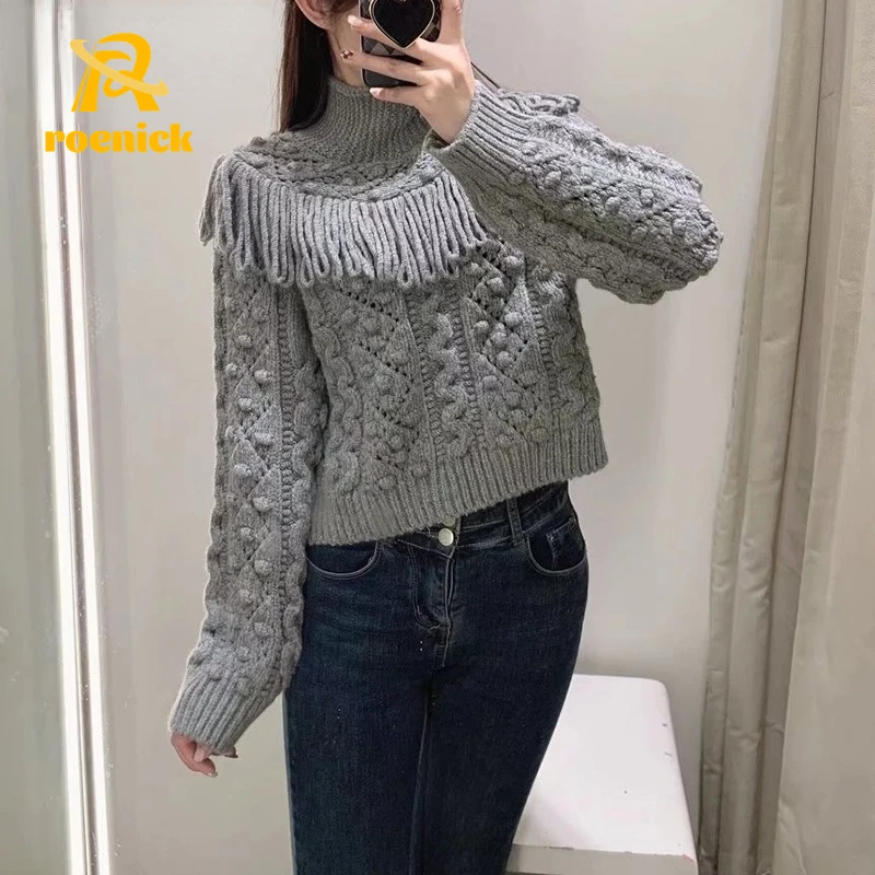 

ROENICK Women Fashion Pompom Tassel Loose Sweaters Female Vintage High Neck Long Sleeve Knitwears Pullovers Chic Thick Tops