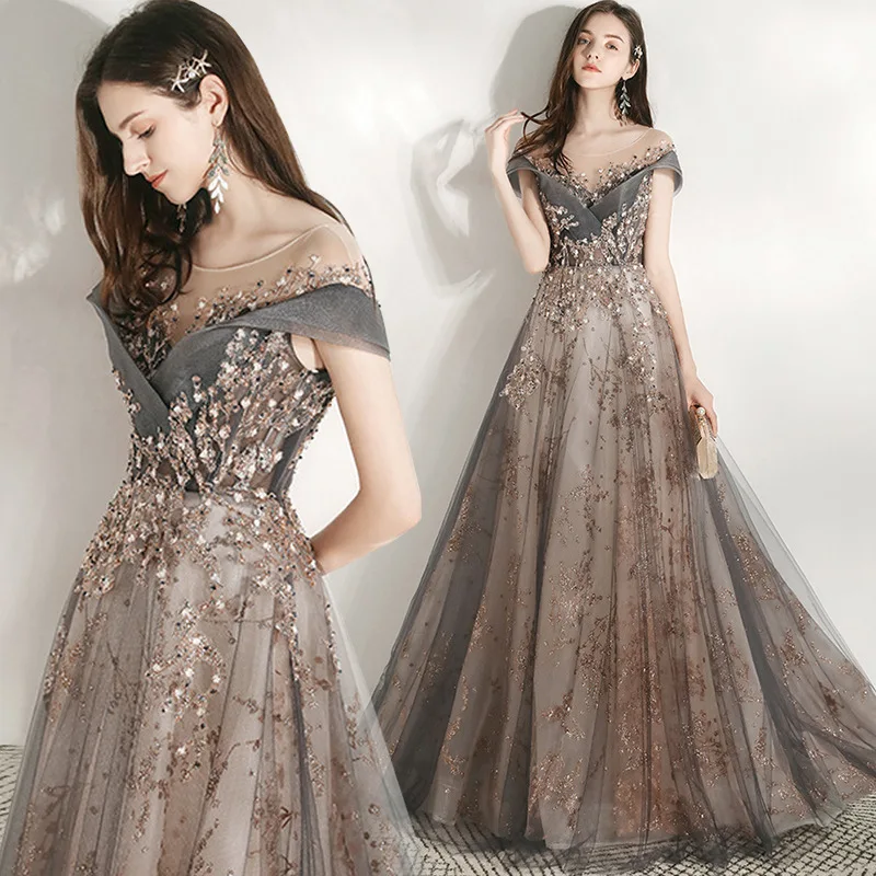 Luxury Prom Dress Off Shoulder A-Line Beading Exquisite Sequins Illusion Scoop Neck Gray Spray Gold Tulle Ceremony Evening Gowns
