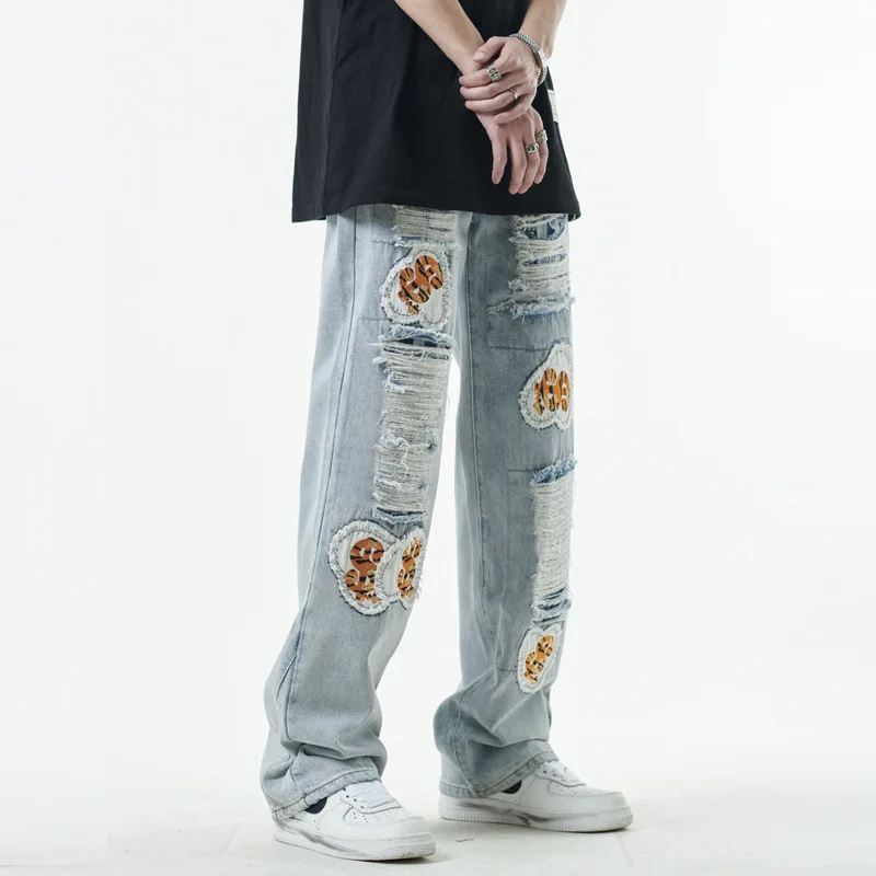 Men's Four Seasons Trousers American High Street Trend Hole Patch Men and Women with The Same Style Denim Trousers Ins Hot Sale