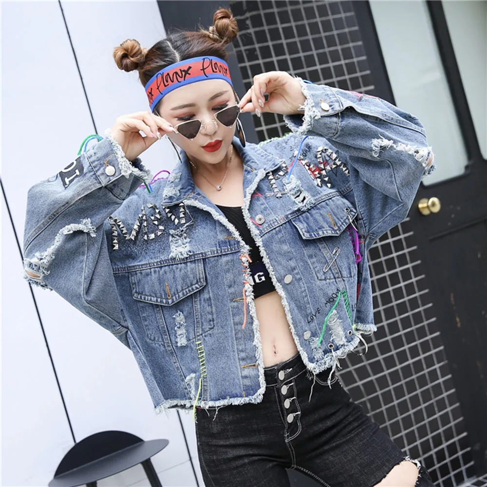 

Fashion Brand Graffiti Women's Denim Jacket Street Burrs Rivet Pin Tassel Cowboy Coat Female Casual Jean Jackets For Women 2023
