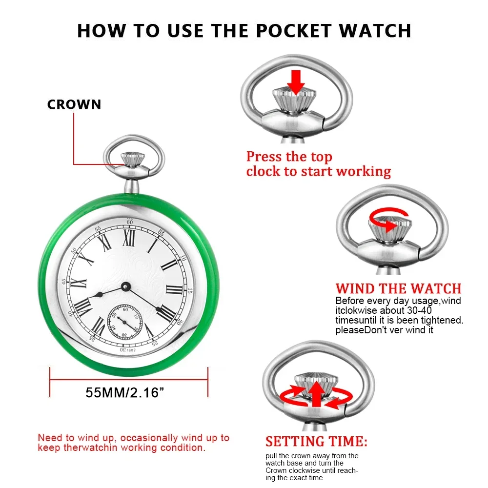 Зеленые острые белые часы из нержавеющей стали 316L водонепроницаемые карманные