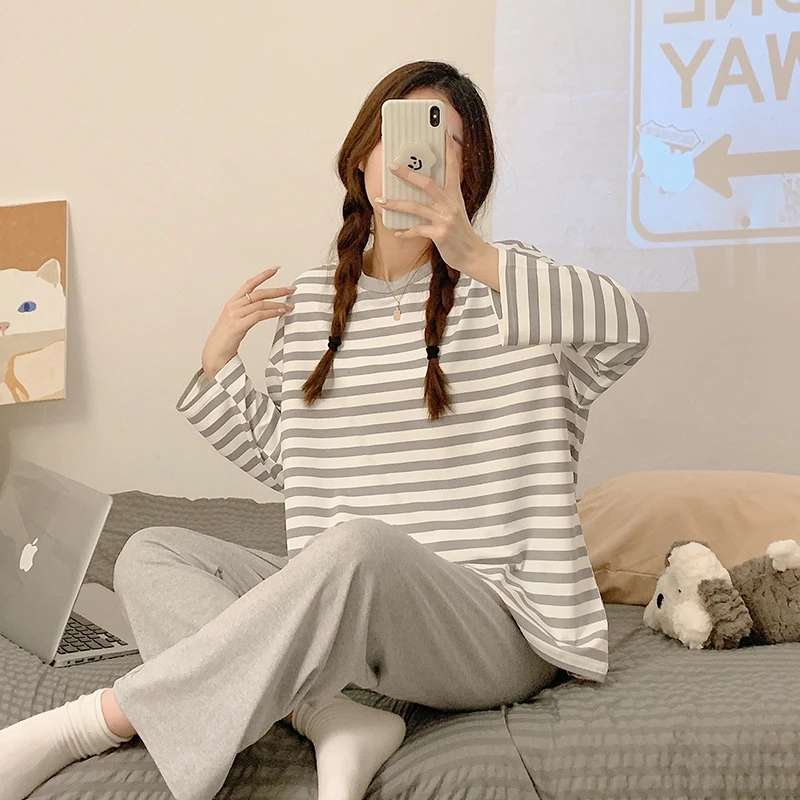 CAIYIER Winter Korean Sleepwear O-Neck Black Stripe Nightwear Casual Chic Winter Pajama Set Long Sleeve Trousers Kawaii Homewear
