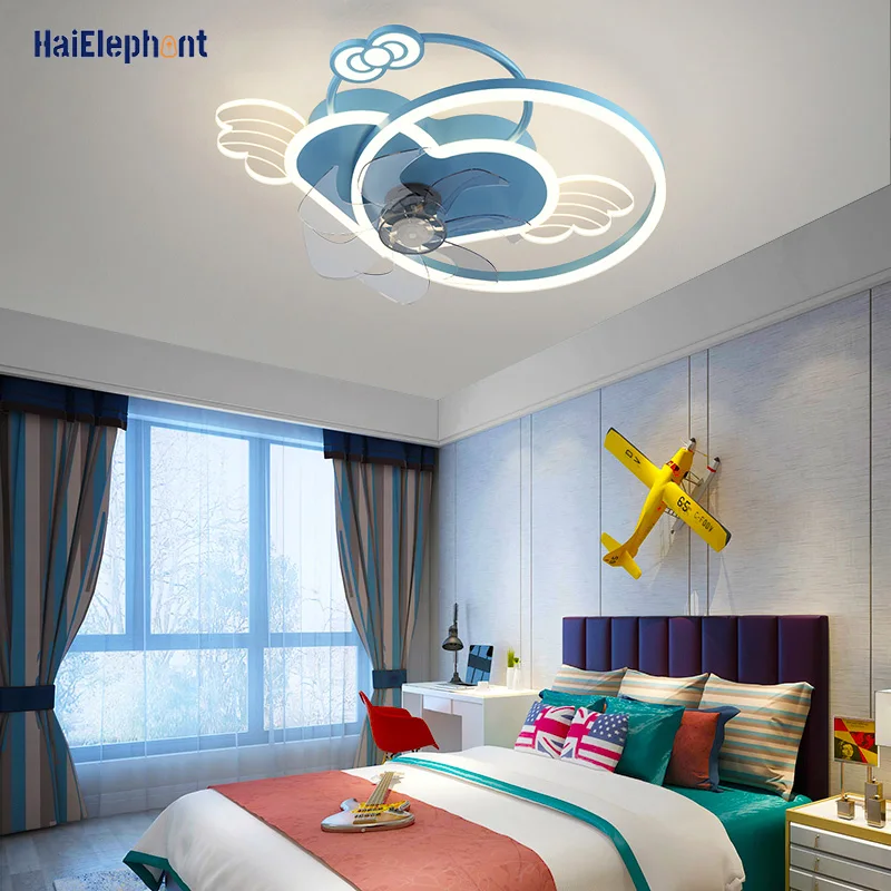 

Modern Blue Pink LED Ceiling Fan Lights For Study Dining Living Children's Room Bedroom Indoor Lighting Remote Control Luminaria
