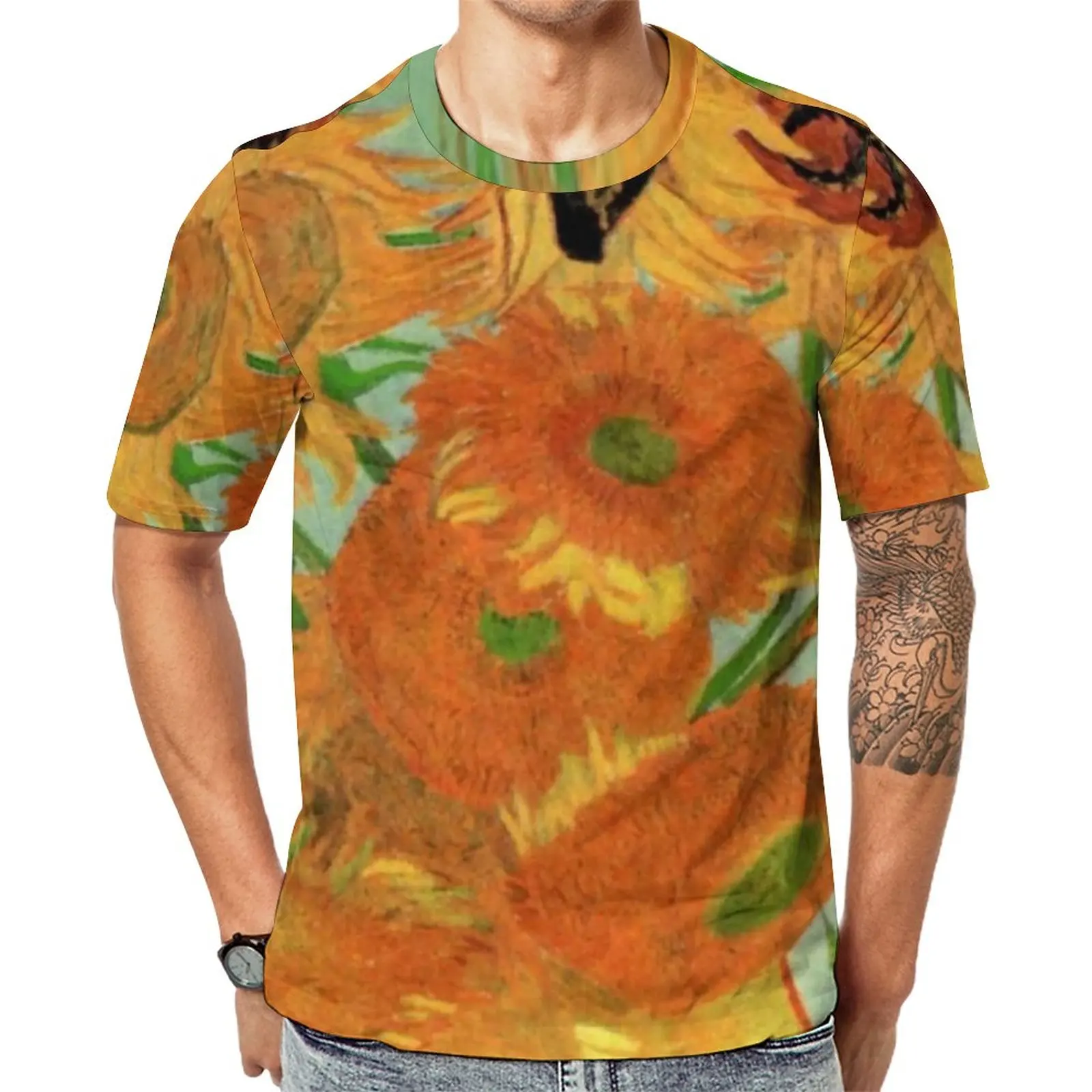 

Vase With Sunflower T-Shirt Sunflowers by Vincent Van Gogh Mens Trendy T-Shirts Pattern Tees Short Sleeve Streetwear Plus Size