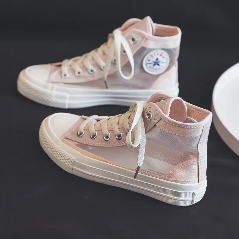 

2022 Summer New Girl's Sneakers Mesh Breathable Shoes High Top Lace Up Solid Color 35-40 Women Shoes Casual Flat Heel
