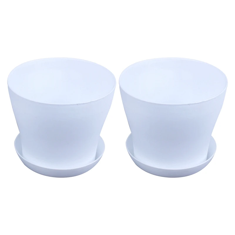 

2X Plastic Plant Flower Pot Planter With Saucer Tray Round Gloss White Upper Caliber -, 17Cm / 6.69 Inch