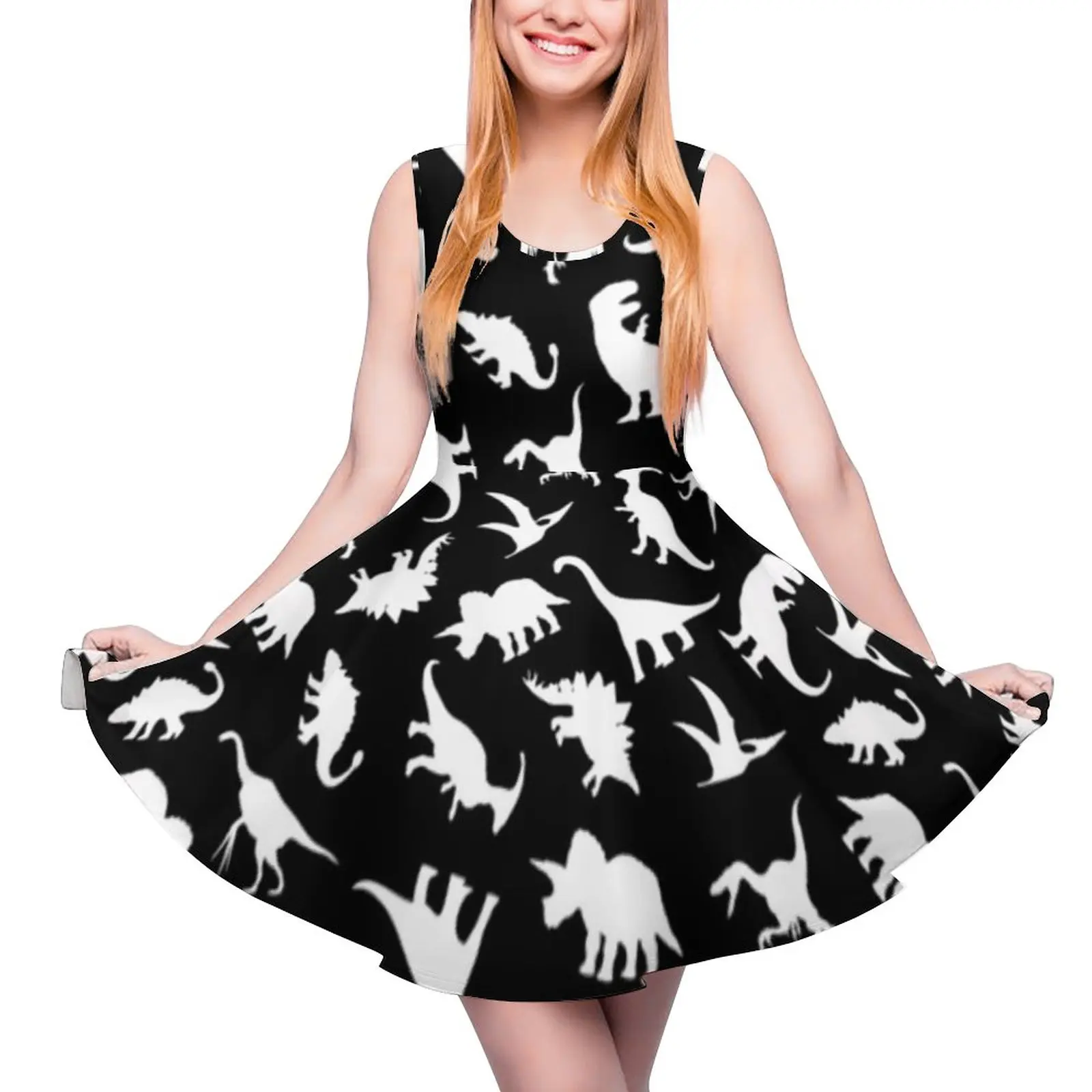 

Fun Dinosaurs Pattern Dress White on Black Graphic Cute Dino Night Club Dresses High Waist Casual Skate Dress Print Vestido