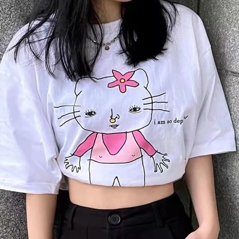 

Summer T shirt for Women Japan Style Funny Kitty Printed Tees Girls White Cotton O Neck Top Short Sleeve Tshirt Women Ropa mujer