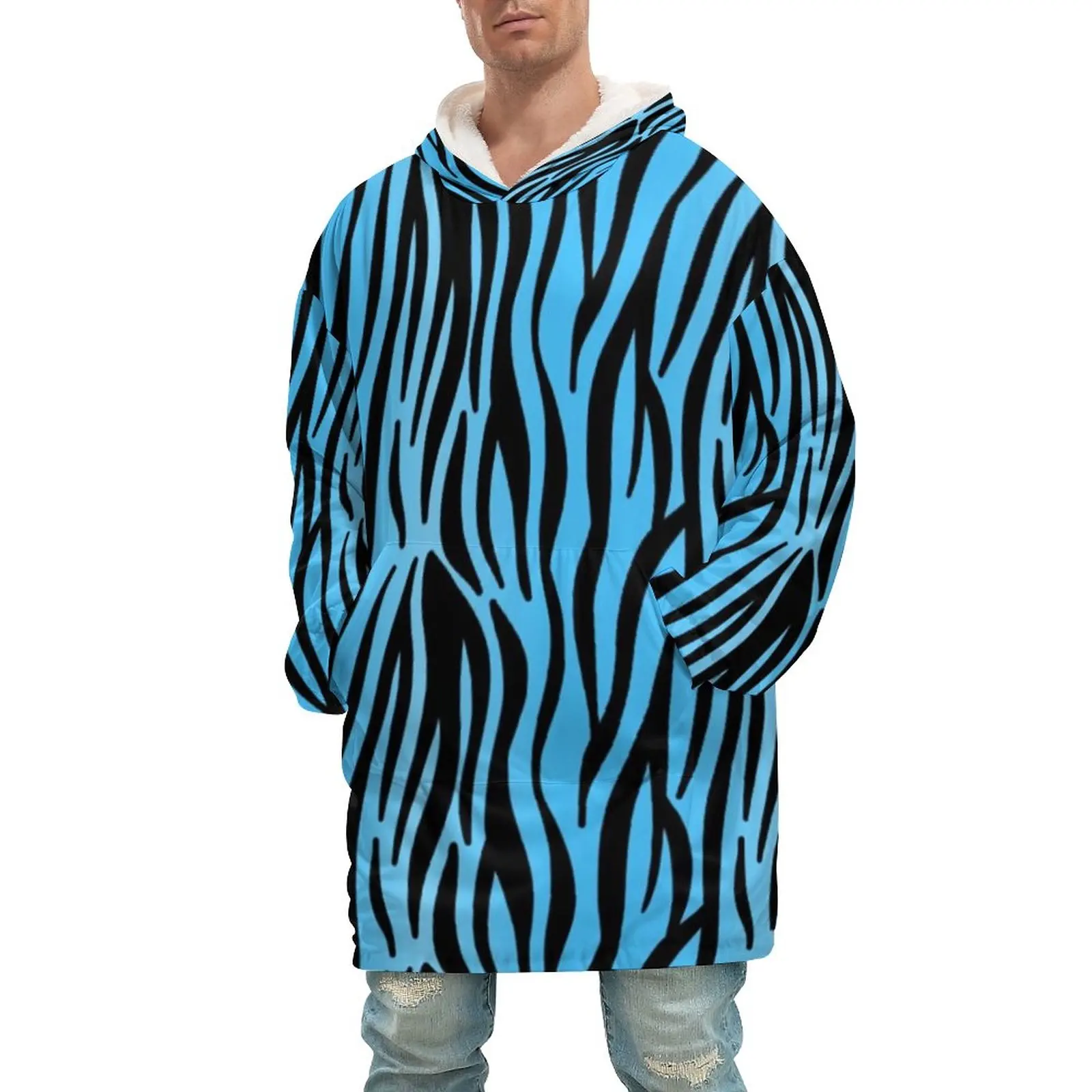 

Мягкое мужское одеяло с капюшоном и карманом, в черную полоску