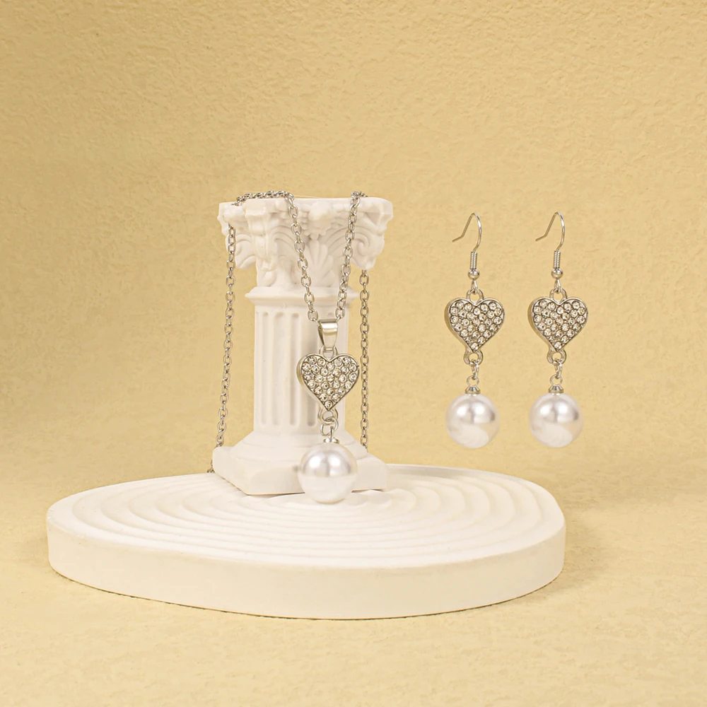 

Romantic Pop Love Heart Imitation Pearl Earrings Necklace Sets For Women Fashion Wedding Party Bridal Jewellery Accessories Gift