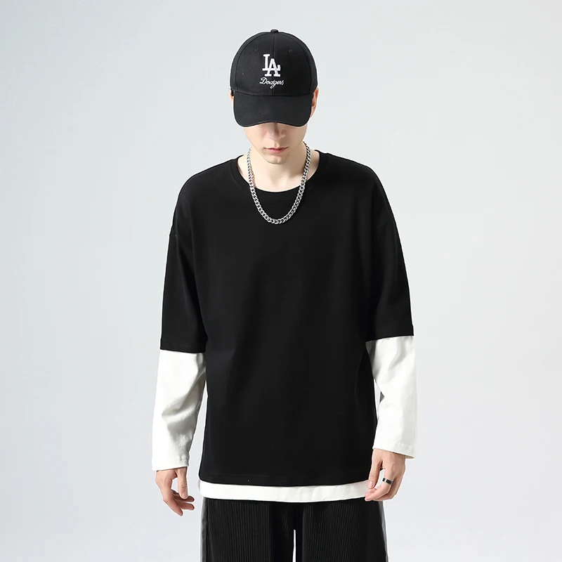 

New Korean Fake Two Men'S Fashion Clothes Teenagers Solid Color 2022 Spring And Autumn Round Neck Pullover Bottomed Shirt