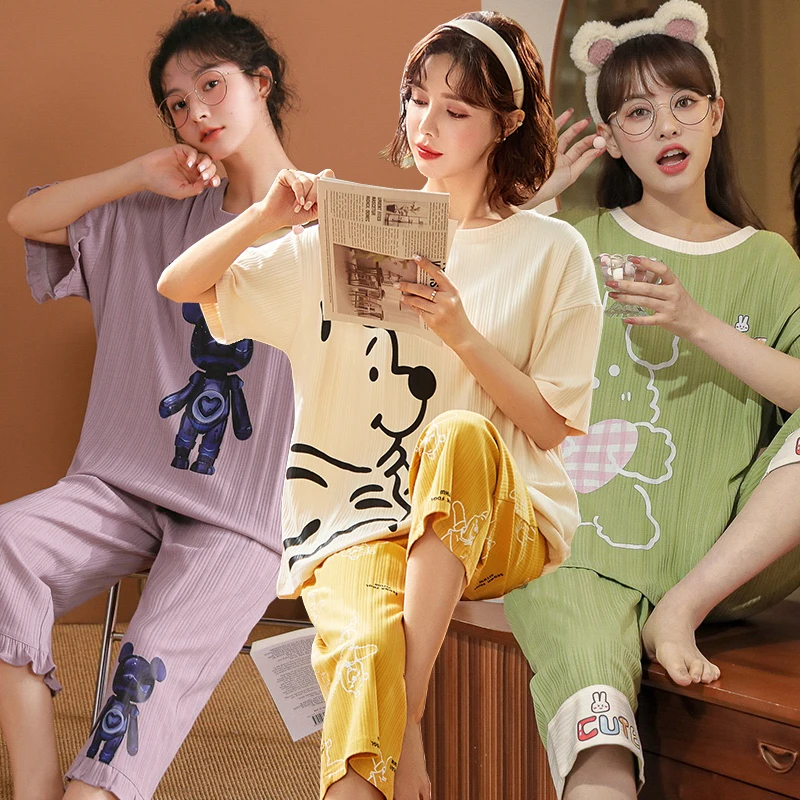 

2022 Summer Short Sleeve Calf Length Cotton Pajama Sets Women Korean Cute Cartoon Sleepwear Pyjama Homewear Pijama Mujer Clothes