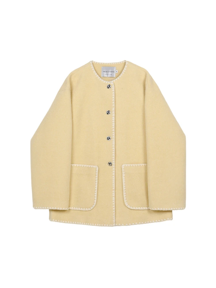 

Women Yellow Color Simple Wool Coat Autumn Winter Female Warm Cotton Thicker O-neck Office Lady Elegant Retro Button Outwear