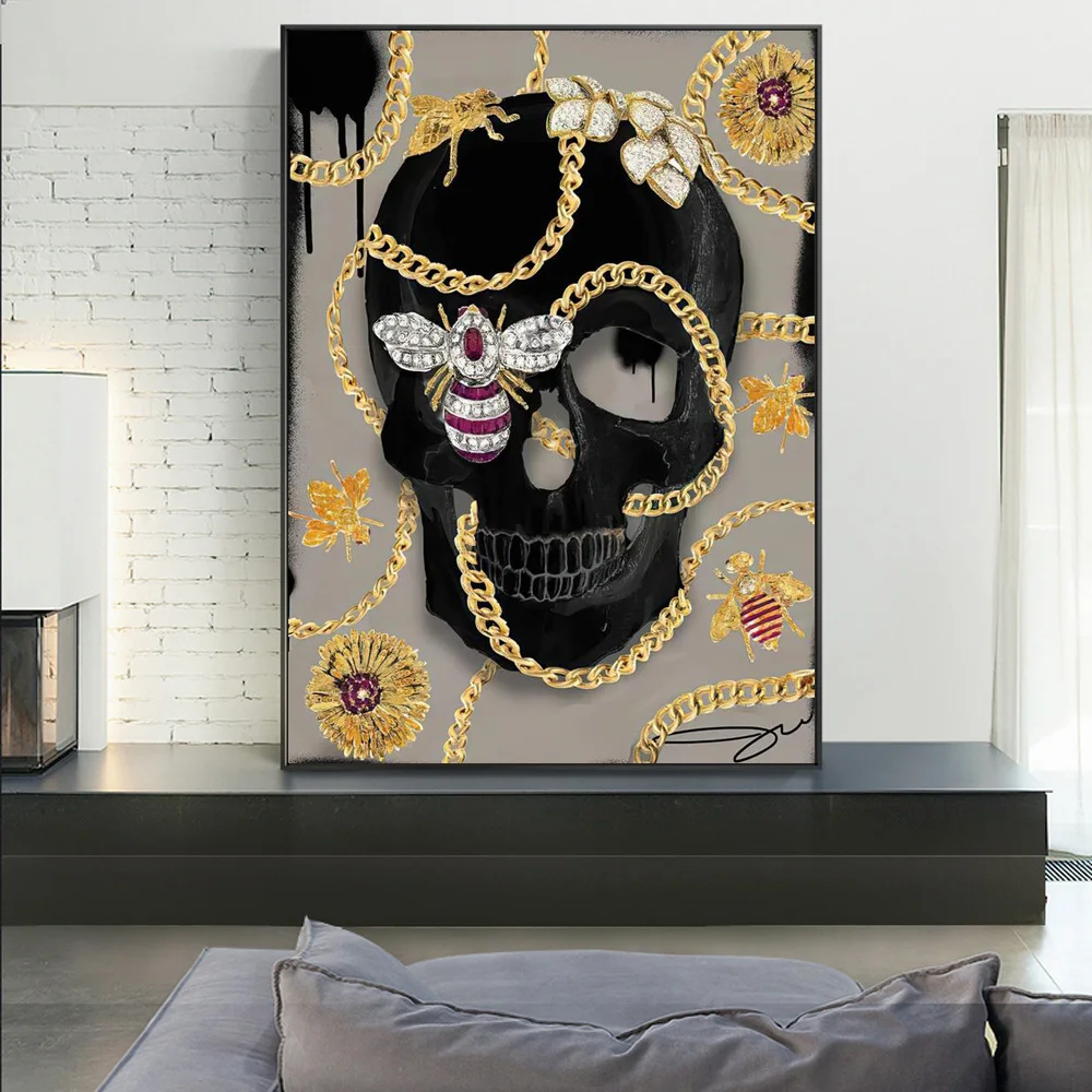 

Black Skull With Gold Bee Chain Posters And Prints Luxury Art Wall Pictures On Canvas Painting For Living Room Decoration