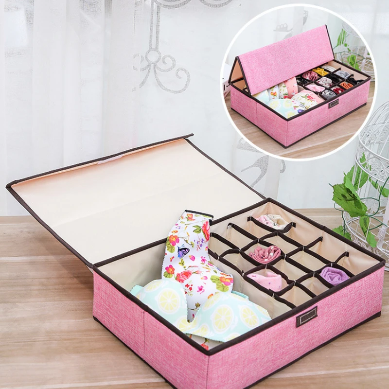 

17 Grids 18L Linen Underwear Storage Box Organizer with Folding Dustproof Machine Wash Underwear Sock Storage Box Finishing Box