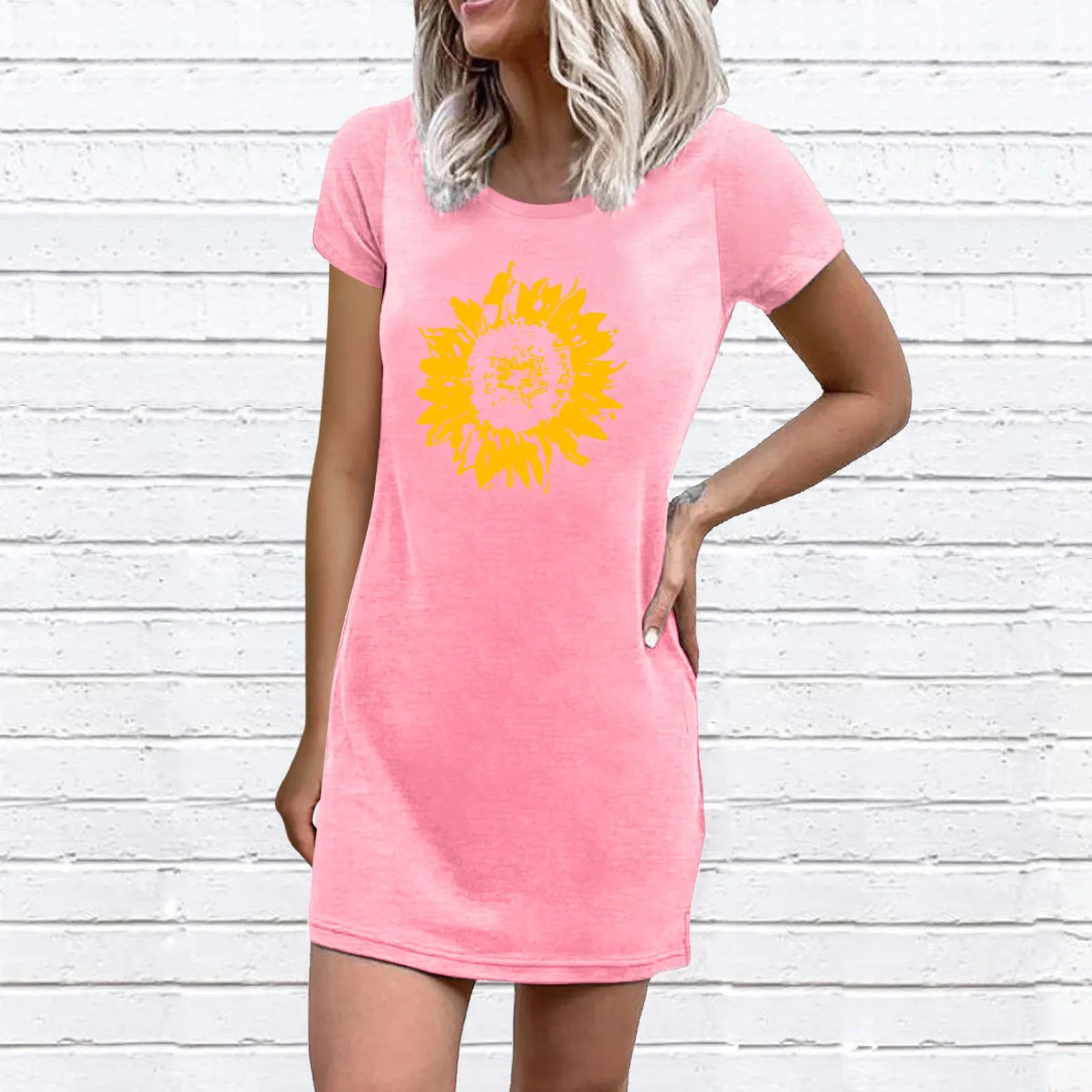 

Women's Crew Neck Creative Sunflower Flower Printed Tshirt Dresses Summer Short Sleeve Loose Swing Tunic Dress Mini Sundress