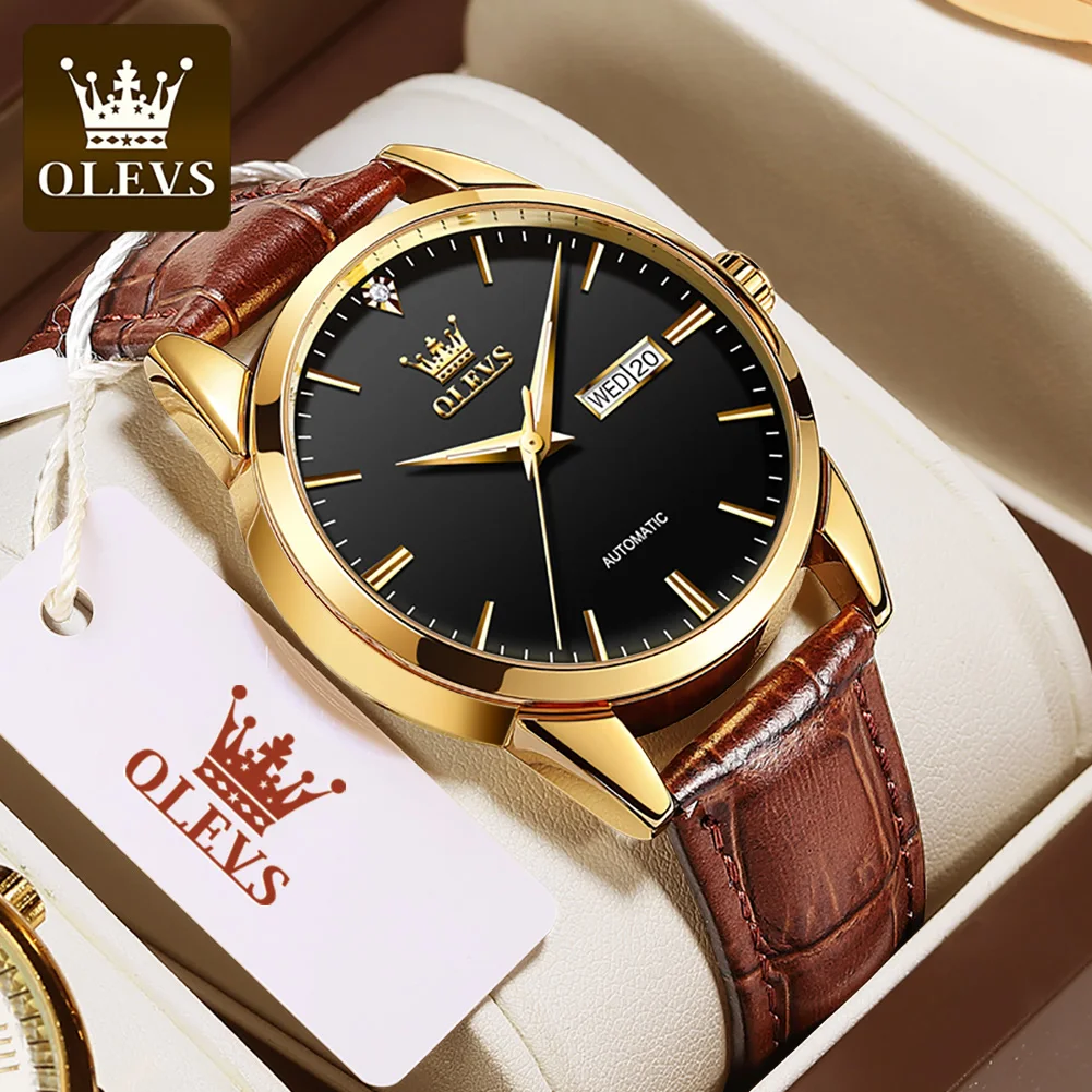 OLEVS Fully Automatic Mechanical Watches Luxury Brand Mens Fashion Business Watch Belt Gold Plated Case Luminous Waterproof 6629