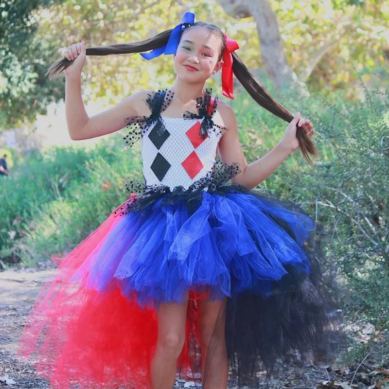 

Girls Circus Clown Cosplay Costume Rainbow Fluffy Fancy Dress for Kid Birthday Halloween Carnival Pageant Clown Dress Up Clothes