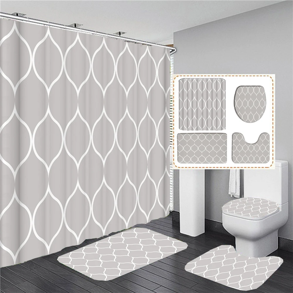 

Gray Geometric Pattern Shower Curtain Sets Black and white Striped Toilet Lid Cover Bath Mat Non-Slip Rugs Modern Bathroom Decor