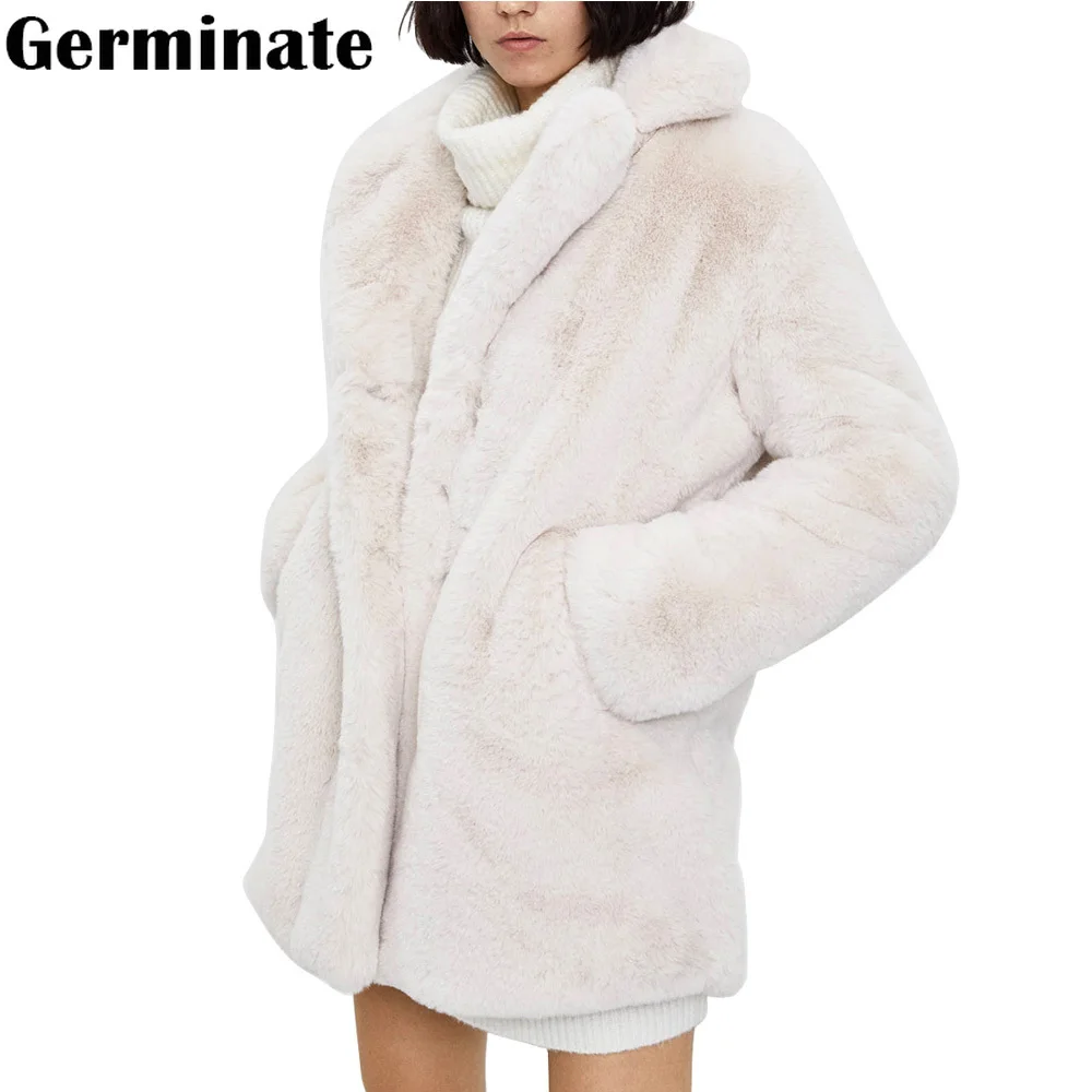 Germinate Luxury Faux Rabbit Fur Jackets Coat Women Winter Christmas Lapel Cardigan Snow Warm Beige Natural Furry Long Overcoat