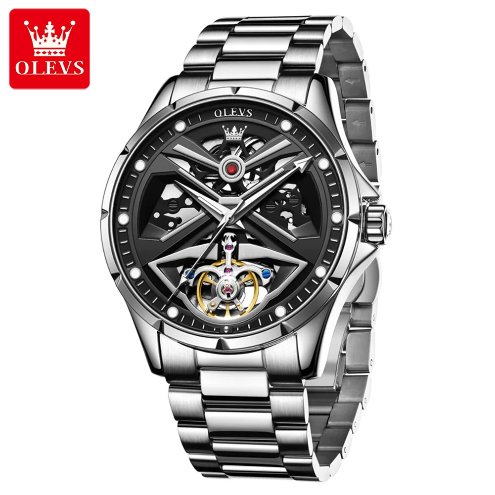 OLEVS New Tourbillon Mechanical Watch for Men Stainless Steel Sports Waterproof Luminous Hands Automatic Skeleton Watches Mens