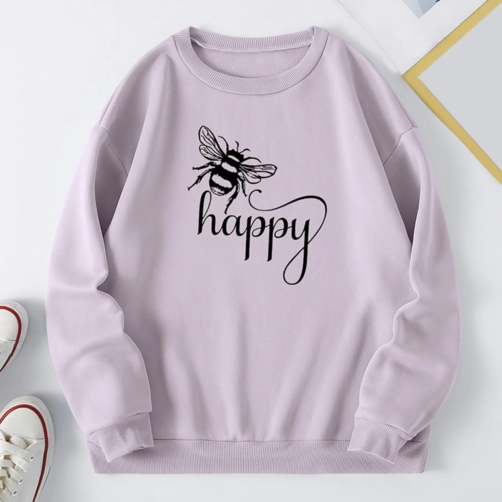 

Womens Autumn Winter Round Neck Bee Print Fleece Loose Fit Sweater Navy Blue Pullover Womens Womens Summer Outfit Fancy