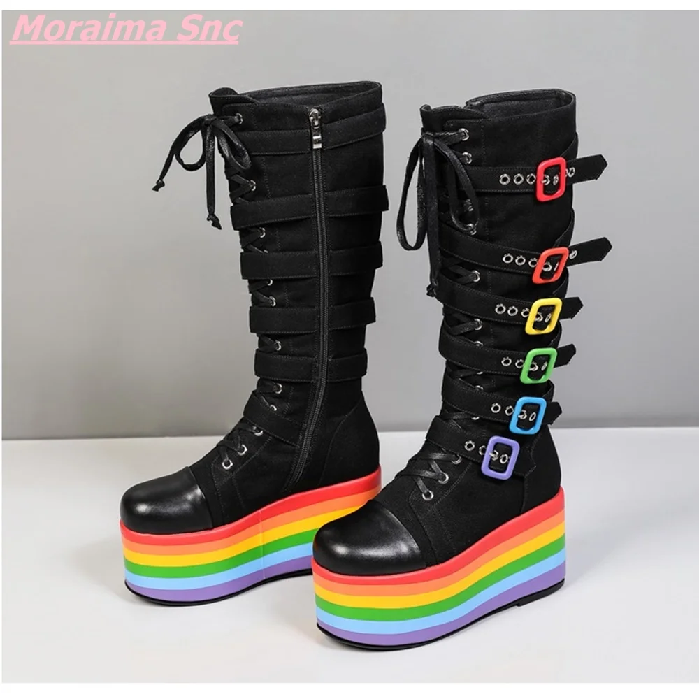 New Colorful Platform Martin Boots High-heeled Breathable Genuine Leather Lace-up Adjustable Women Shoes Comfortable Stress 2022