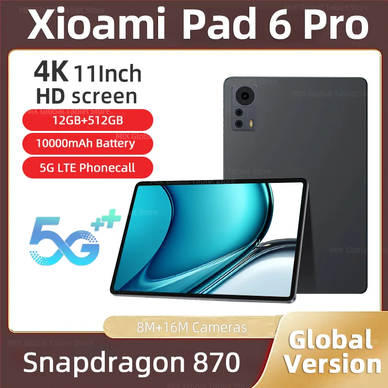 

2023 Original Global Version 12GB+512GB Snapdragon 870 Tablets PC Tablet Android Pad 6 Pro 5G Dual SIM Card or WIFI HD 4K Mi Tab