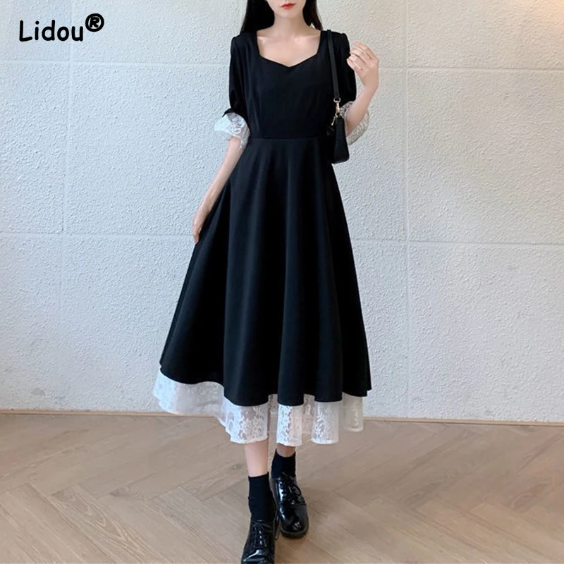 

Women's Autumn Winter 2022 New French Retro V-neck Black Dress Lace Patchwork Short Sleeve Solid Color Elegant Casual Clothing