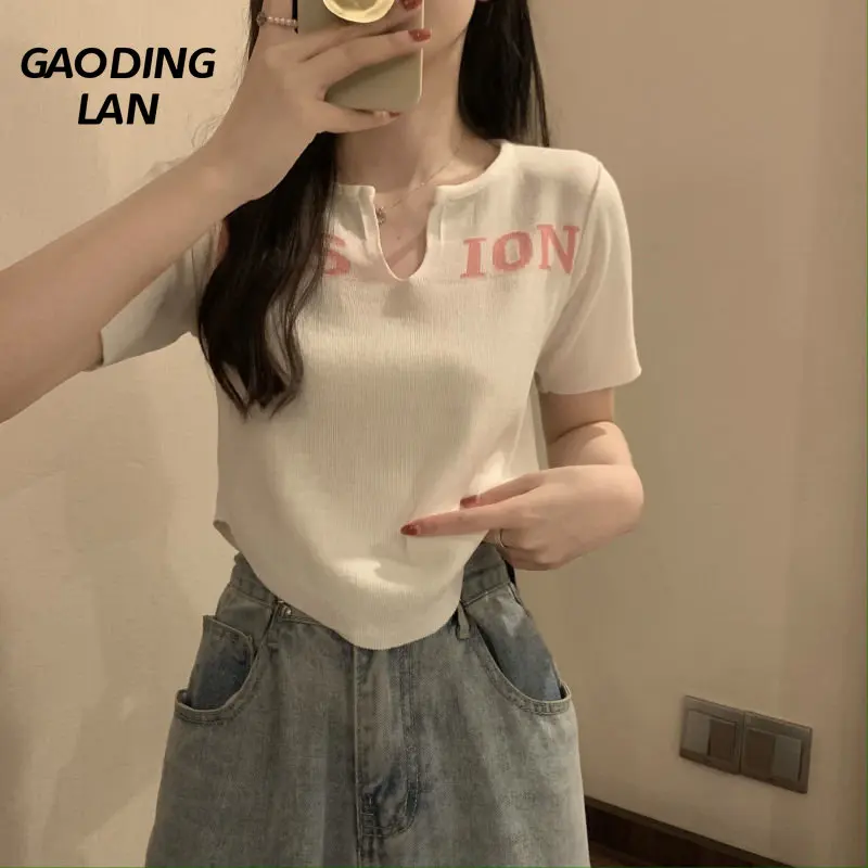

Женские футболки Gaodinglan с буквенным принтом в стиле Харадзюку, летние Сексуальные облегающие топы с V-образным вырезом, женские корейские ко...