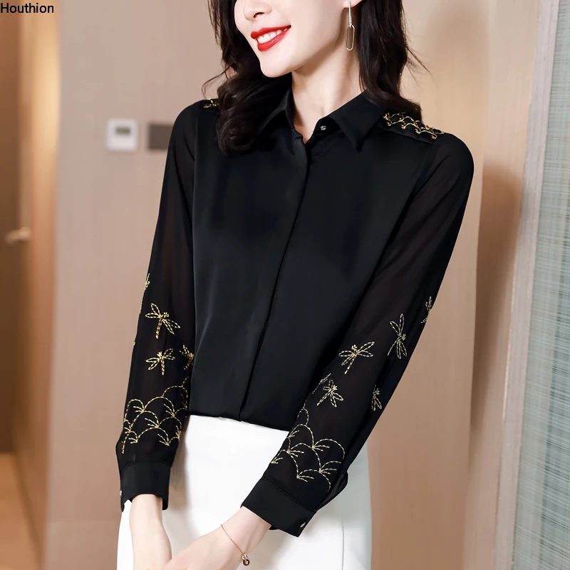 

Шифоновая женская блузка, новинка, рубашка-поло, модный Повседневный Топ с длинным рукавом и вышивкой, элегантная женская одежда в Корейско...