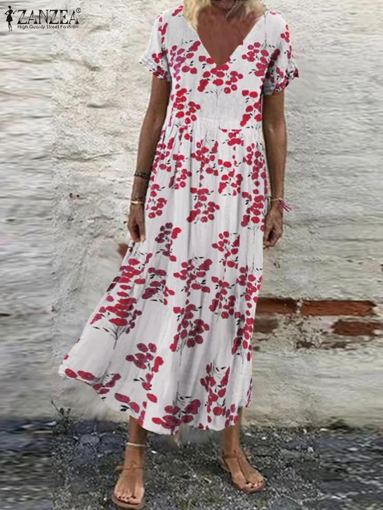 

Женский винтажный праздничный сарафан ZANZEA, летнее пляжное платье с богемным цветочным принтом, повседневное свободное платье с V-образным в...