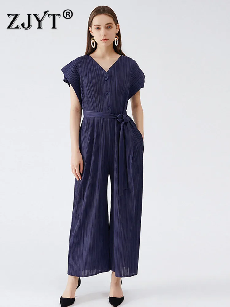 

ZJYT летние дизайнерские Свободные плиссированные комбинезоны с поясом, женский модный кардиган на пуговицах, комбинезоны большого размера, ...