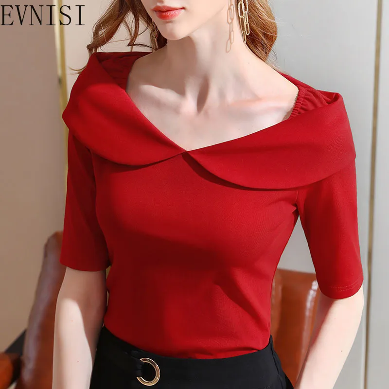 

EVNISI Vintage Solid Summer T-Shirt Women Sweet Elegant Slim Tops Shirt Female Neckline T-Shirt Five Sleeves Solid Color Y2k Top