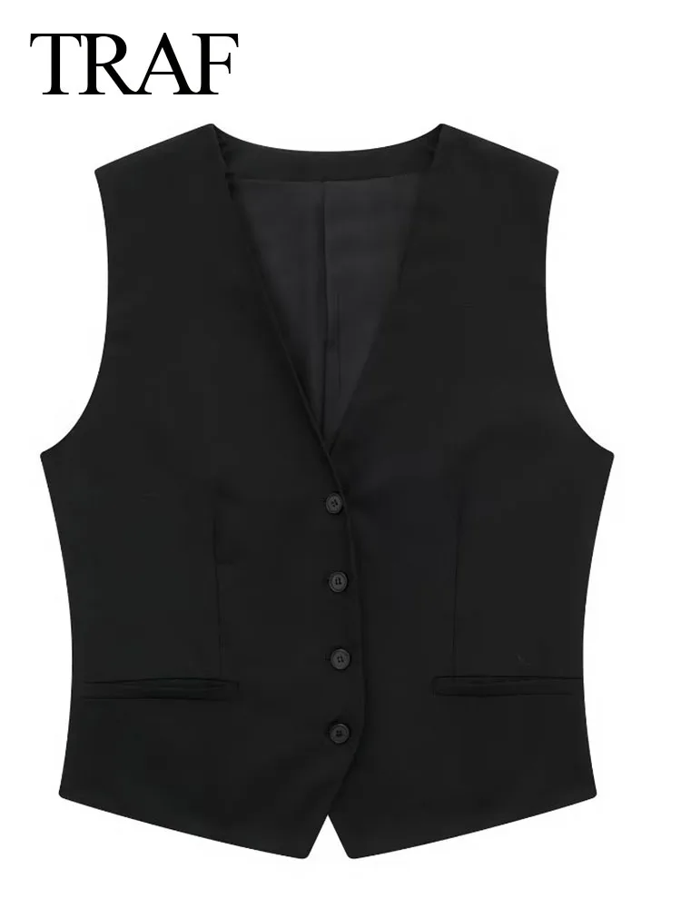 

TRAF Women New Fashion Cotton Linen Vest Single Breasted V Neck Vintage Vests Sleeveless Female Summer Chic Waistcoat Outerwear