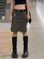 sunny y j y2k grey cargo skirts pockets low waisted grunge fashion streetwear straight skirts aesthetic korean outfits chic new