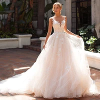 romantic ball gown wedding dresses sheer scoop neck delicate lace applique illusion back glitter wedding gowns bridal dress