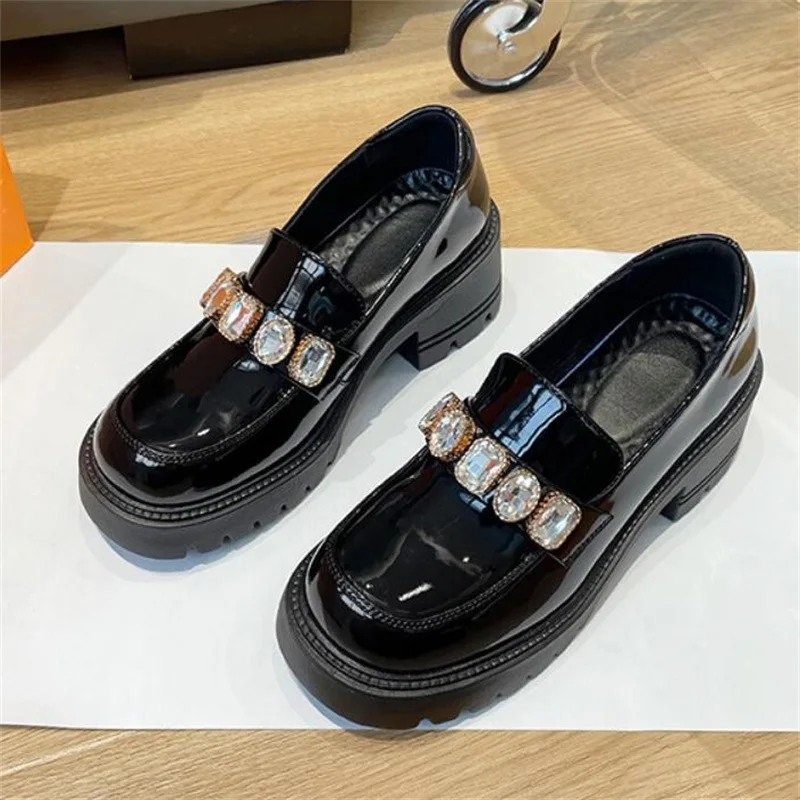 Summer New British Style Small Leather Shoes Women's Japanese Retro Rhinestone Thick-Soled Loafer Pumps For Women Black Beige