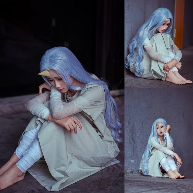 

Eri Role Play Uniform Women Halloween Party White Long Dresses My Hero Academia Cosplay Costume Wigs Horn Bandage Outfit
