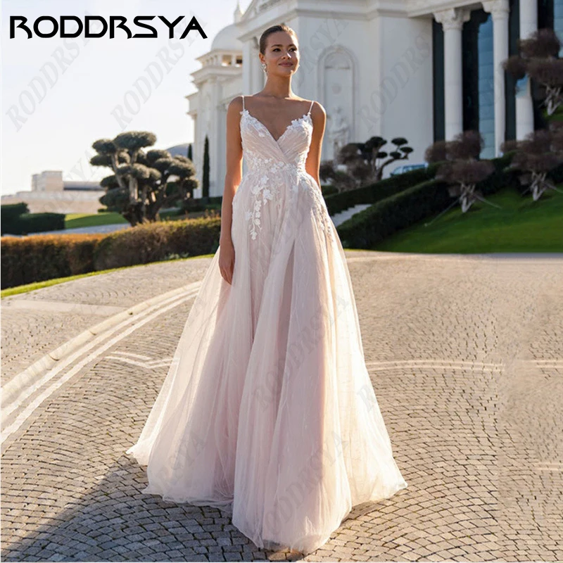 

RODDRSYA Lace Spaghetti Straps Wedding Dresses For Women Backless Sleeveless Bridal Gown Tulle V-Neck A-line Vestido De Novia